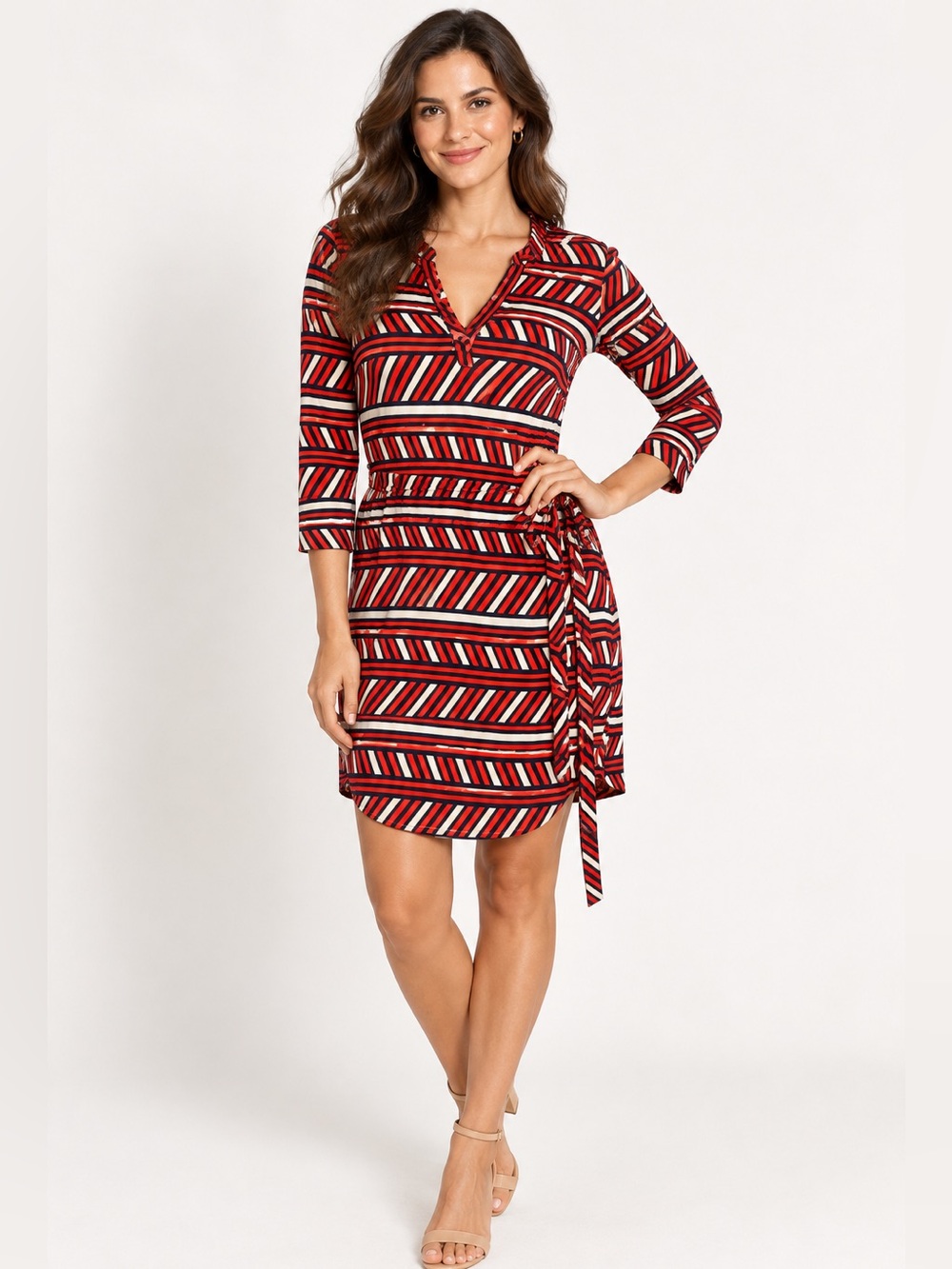 DM Collection Geometric Stripe Faux Wrap Dress Red/Orange Navy Blue Cream Sz 2
